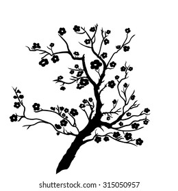 twig plum mei blossoms. Vector illustration. Black Silhouette