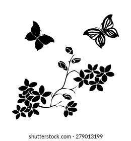 twig sakura blossoms and butterflies. Vector illustration