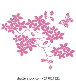 twig sakura blossoms and butterflies. Vector illustration