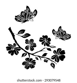 twig sakura blossoms and butterflies. Vector illustration. Black Silhouette on white background