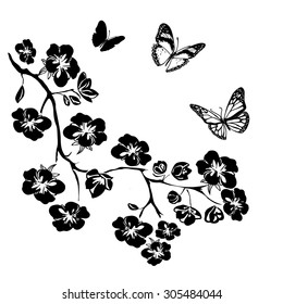 twig sakura blossoms and butterflies. Vector illustration. Black Silhouette on white background