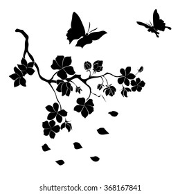 twig sakura blossoms and butterflies. Vector illustration