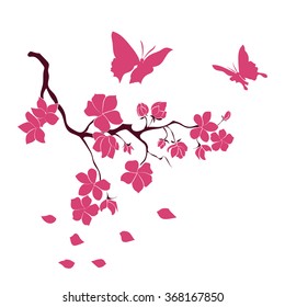 twig sakura blossoms and butterflies. Vector illustration. Black and pink Silhouette on white background
