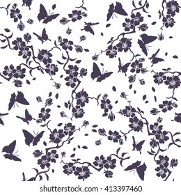 twig sakura blossoms and butterflies. Vector illustration. Dark Silhouette. Seamless pattern