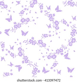 twig sakura blossoms and butterflies. Vector illustration. Pink Silhouette. Seamless pattern
