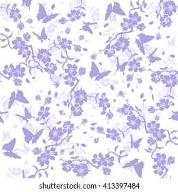 twig sakura blossoms and butterflies. Vector illustration. blue Silhouette. Seamless pattern