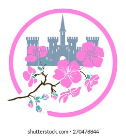 twig sakura blossoms and castle in circle. Vector illustration