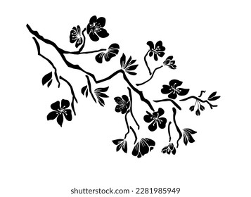 Twig sakura blossoms. Vector illustration. Black Silhouette