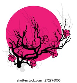 twig sakura blossoms. Vector illustration. Black outline