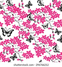 twig sakura blossoms. Vector illustration. Black and pink Silhouette. Seamless