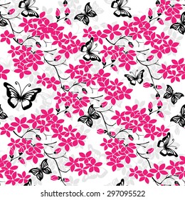twig sakura blossoms. Vector illustration. Black and pink Silhouette. Seamless