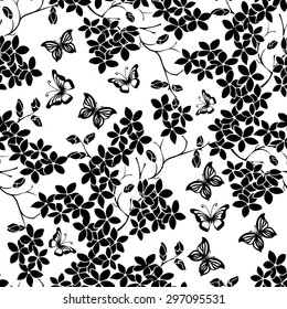 twig sakura blossoms. Vector illustration. Black Silhouette. Seamless