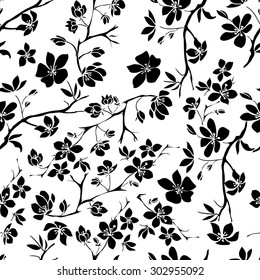twig sakura blossoms. Vector illustration. Black Silhouette. Seamless