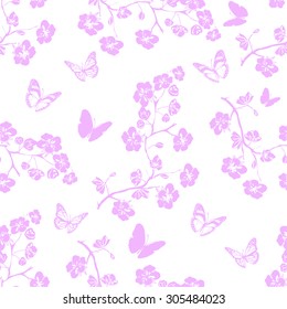 twig sakura blossoms. Vector illustration. Pink Silhouette. Seamless pattern