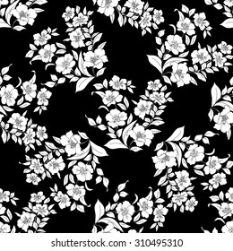 twig sakura blossoms. Vector illustration. white Silhouette is on black background, Seamless