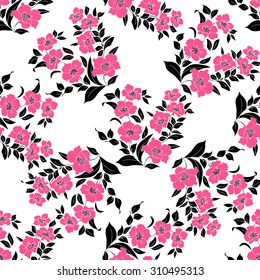 twig sakura blossoms. Vector illustration. Black and pink Silhouette. Seamless