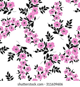 twig sakura blossoms. Vector illustration. Black and pink Silhouette. Seamless