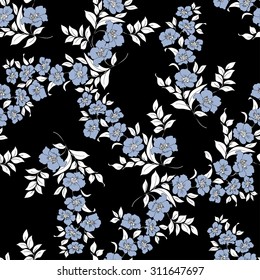 twig sakura blossoms. Vector illustration. white Silhouette is on black background, Seamless