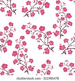 twig sakura blossoms. Vector illustration. Pink Silhouette. Seamless