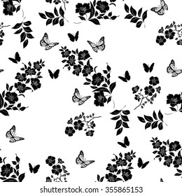 twig sakura blossoms. Vector illustration. Black Silhouette. Seamless pattern