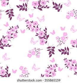 twig sakura blossoms. Vector illustration. Pink Silhouette. Seamless pattern