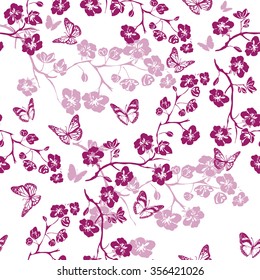 twig sakura blossoms. Vector illustration. Pink Silhouette. Seamless pattern