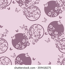 twig sakura blossoms. Vector illustration. Pink Silhouette. Seamless pattern