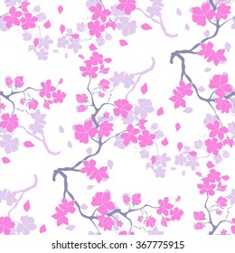 twig sakura blossoms. Vector illustration. Pink Silhouette. Seamless pattern