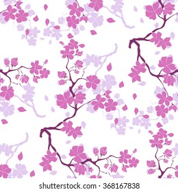 Zweig Sakura Blüten. Vektorgrafik. Rosa Silhouette. Nahtloses Muster