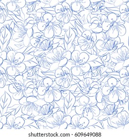 twig sakura blossoms. Vector illustration. Blue outline. Seamless pattern