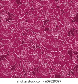 twig sakura blossoms. Vector illustration. Vivid Purplish Red Silhouette. Seamless pattern