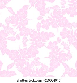 twig sakura blossoms. Vector illustration. Pink Silhouette. Seamless pattern