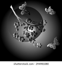  twig sakura and butterfly are on black background. Vector illustration