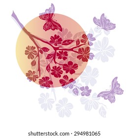  twig sakura and butterfly are on white background. Vector illustration