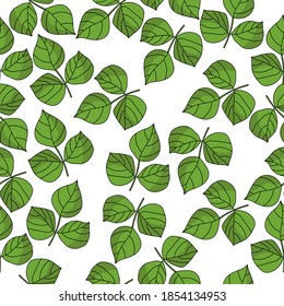Twig seamless pattern with three large green leaves on a white background, herb with a wide leaf vector illustration or design
