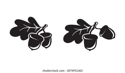 Perücke mit zwei Ecken und Blatt. Silhouette von Eichenholz. Schwarz, handgezeichnet, Vektorgrafik auf weißem Hintergrund. Einfache botanische Illustration, isoliertes Element