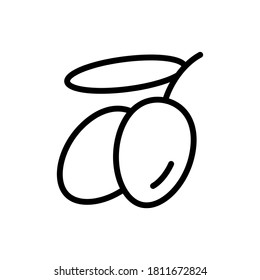 Twig con dos aceitunas crudas y hoja. Icono lineal para el envasado de aceite vegetal virgen extra, aceitunas enlatadas. Ingrediente orgánico en cosméticos. Logotipo negro para producto ecológico natural. Vector aislado de contorno