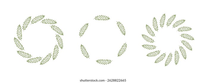 Conjunto de corona de ramitas. Elementos decorativos del círculo para el diseño, para la tarjeta de felicitación, invitación. Corona floral con hojas. Estilo de doodle dibujado a mano. Ilustración floral con espacio de copia. Coronas de ramas.