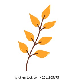 Twig with yellow leaves isolated on white background. Vector hand-drawn illustration in cartoon flat style. Perfect for your project, cards, invitations, print, decorations.