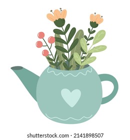 Twigs with berries, flowers and herbs in a teapot. Vector illustration, botanical.