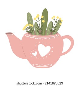 Twigs with berries, flowers and herbs in a teapot. Vector illustration, botanical.