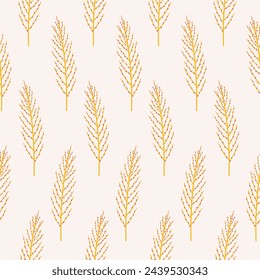 Twigs with berries, seamless pattern. Blooming herbs on a beige background. Summer floral vector illustration. Spring meadow botanical print, wild plants fabric
