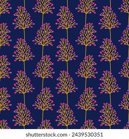 Ramas con bayas, patrón sin fisuras. Hierbas decorativas sobre un fondo azul oscuro. Ilustración vectorial botánica de verano. Estampado de prado de primavera, tela de plantas silvestres
