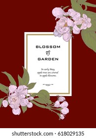 Twigs Blooming Apple or Sakura Tree. Hand drawn botanical greeting card. 