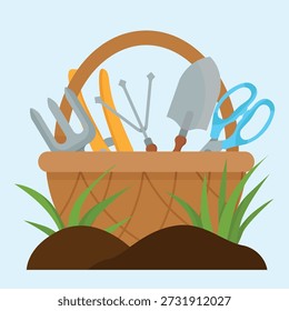 Twigs Box mit Frühlingsgärtnern Werkzeuge auf grünem Gras in lebendigem saisonalem Design platziert