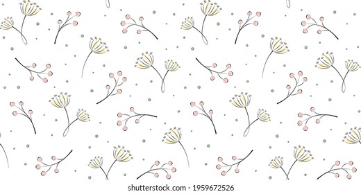 Twigs, branches with berries, inflorescences and small circles on a white. Plant and floral endless texture. Vector seamless pattern for wrapping paper, packaging, wrapper, cover and website wallpaper