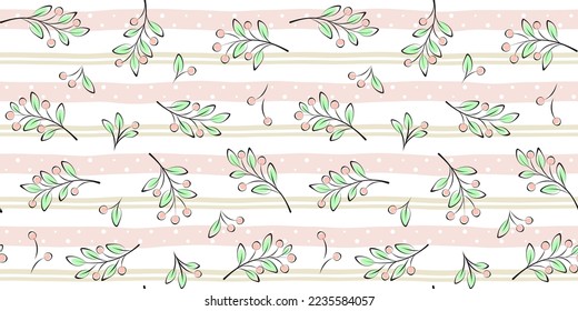 Twigs, ramas con bayas y hojas sobre un fondo suave a rayas. La textura veraniega es interminable. Patrón de vectores sin fisuras para papel de embalaje, embalaje, giftwrap, cubierta, textura superficial e impresión