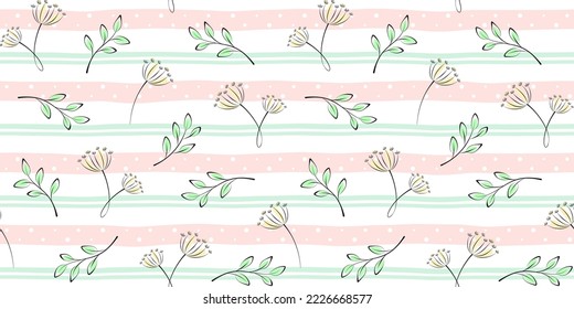 Twigs, branches with leaves and inflorescences on a soft striped background with dots. Plant and floral endless texture. Vector seamless pattern for surface texture, wrapping paper, packaging or cover