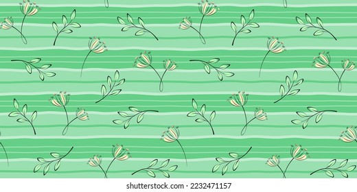 Twigs, branches with leaves and inflorescences on a green striped background. Summer plant and floral endless texture. Vector seamless pattern for surface texture, wrapping paper, packaging, giftwrap