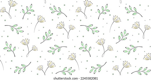 Twigs, branches with leaves and inflorescences on a white background with dots. Plant and floral endless texture. Vector seamless pattern for surface texture, wrapping paper, giftwrap, cover and print